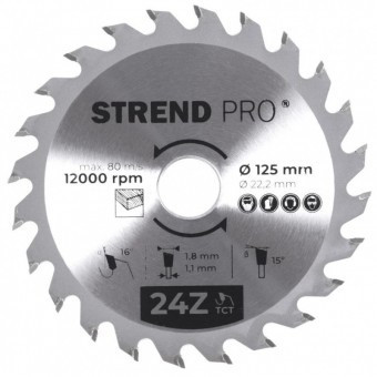 Disc pentru fierastrau circular, Strend Pro TCT 125x1.8x22.2 mm 24T, pentru lemn, lame SK foto