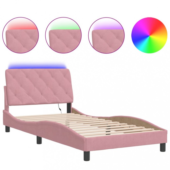 Cadru de pat cu LED fara saltea, roz, 100x200 cm, catifea