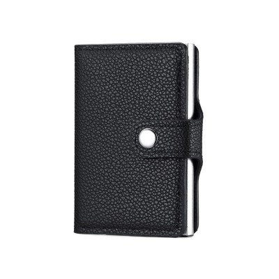 Portofel, negru, Slim, RFID, din piele ecologica si aliaj de aluminiu, design compact, slot din aluminiu, 9.7 cm x 6.7 cm foto