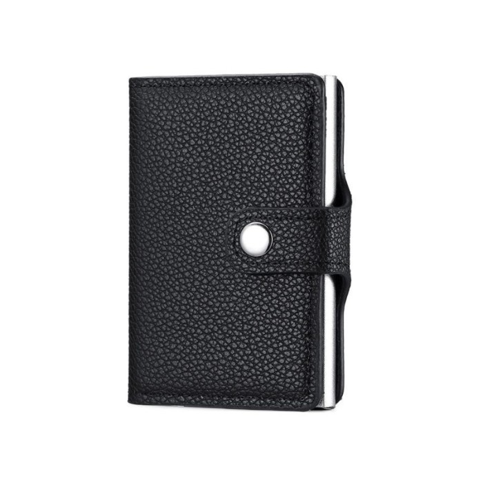 Portofel, negru, Slim, RFID, din piele ecologica si aliaj de aluminiu, design compact, slot din aluminiu, 9.7 cm x 6.7 cm