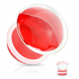 Plug pentru urechi din sticlă transparentă, formă convexă - ciupercă cu finisaj roșu - Lățime: 6 mm