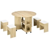 Set dining 4 persoane HOMCOM, masa de bucatarie cu extensie plianta, rotile, 4 scaune, culoare stejar | Aosom RO