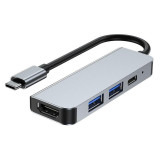 Adaptor HUB aluminiu TarTek 4-in-1 - USB Type-C - 2x USB 3.0, 1x USB Type-C, 1x HDMI, Gri