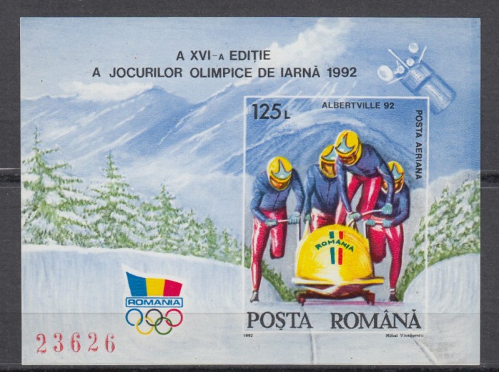 ROMANIA 1992 LP 1276 J. O. ALBERTVILLE COLITA NEDANTELATA MNH