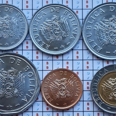 A041 Bolivia set 6 monede 10, 20, 50 Centavos, 1, 2, 5 Bolivanos 2001-2008 UNC