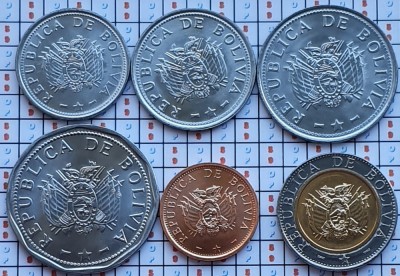 A041 Bolivia set 6 monede 10, 20, 50 Centavos, 1, 2, 5 Bolivanos 2001-2008 UNC foto