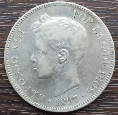(A527) MONEDA DIN ARGINT SPANIA - 5 PESETAS 1897 SGV (1897), REGELE ALFONSO XIII foto