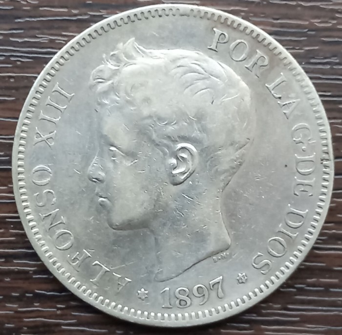 (A527) MONEDA DIN ARGINT SPANIA - 5 PESETAS 1897 SGV (1897), REGELE ALFONSO XIII