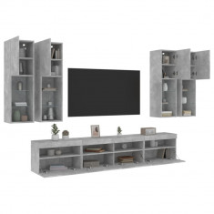 vidaXL Set comode TV de perete cu lumini LED, 7 piese, gri beton foto