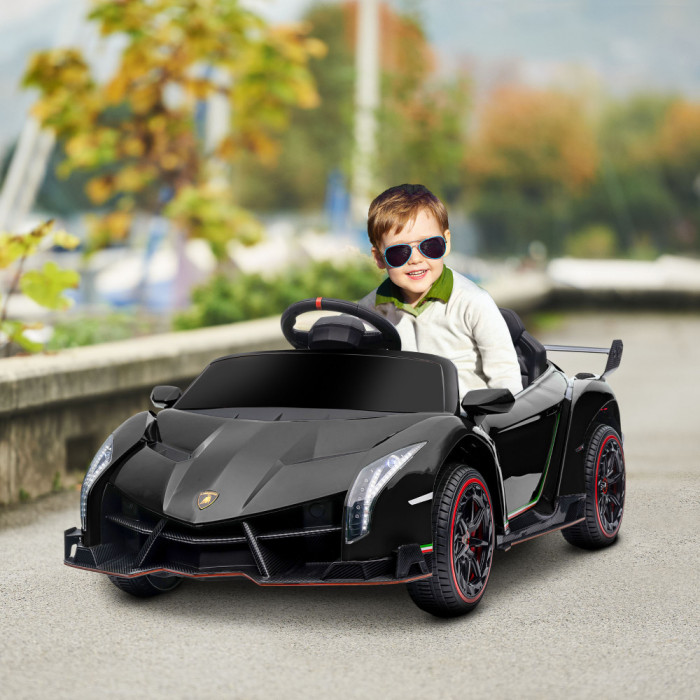 Mașină electrică HOMCOM pentru copii Lamborghini Veneno 12V cu telecomandă, uși tip fluture și roți cu suspensie, v&acirc;rsta 3-6 ani, de culoare neagră