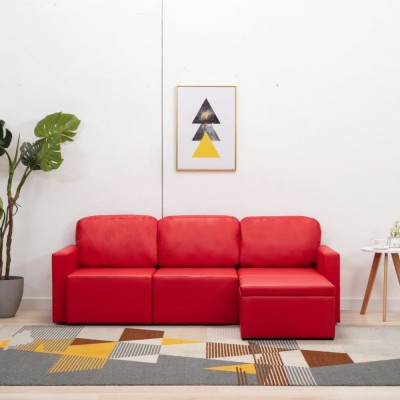 vidaXL Canapea extensibilă modulară, 3 locuri, roșu, piele ecologică foto