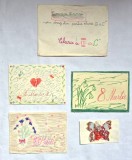 Lot 4 felicitări unicat desenate manual (1992) + plic mare decorat Clasa a III-a Baia Mare