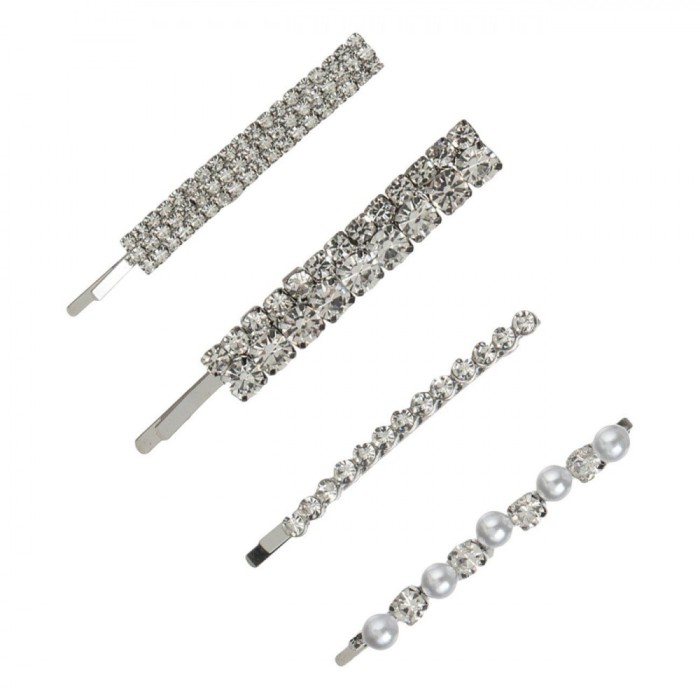 Agrafe de Păr Set, 4 Bucăți, Argintiu, Strass și Mărgele, 6-7cm