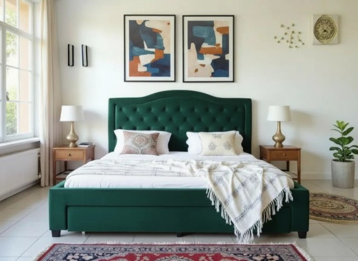 Pat 160x200 cm Terasino Verde cu 4 sertare Tapitat Catifea Somiera Inclusa (cod D3)