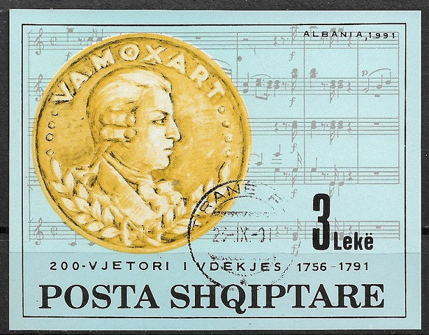 C2142- Albania 1991 - Mozart bloc stampilat