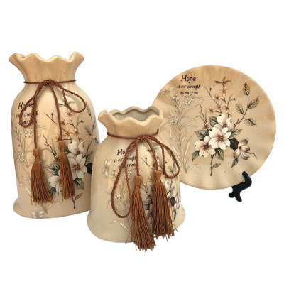 Set 2 vaze decorative si farfurie din ceramica, Pauni, Crem, 447H-1 foto