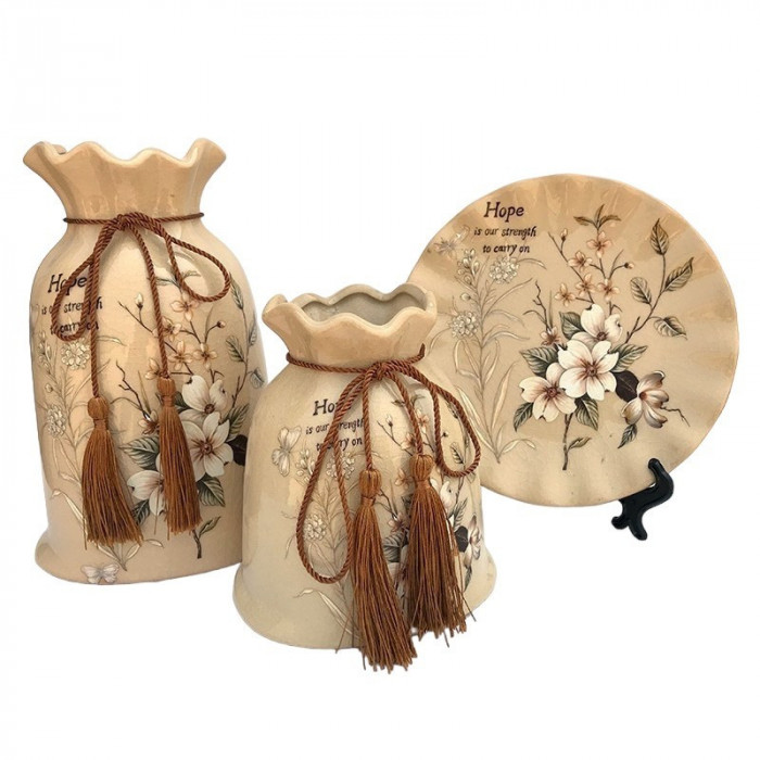 Set 2 vaze decorative si farfurie din ceramica, Pauni, Crem, 447H-1