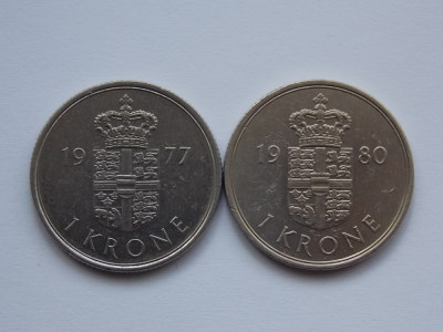 LOT 2 MONEDE DIFERITE 1 KRONE DANEMARCA-1977,1980 foto