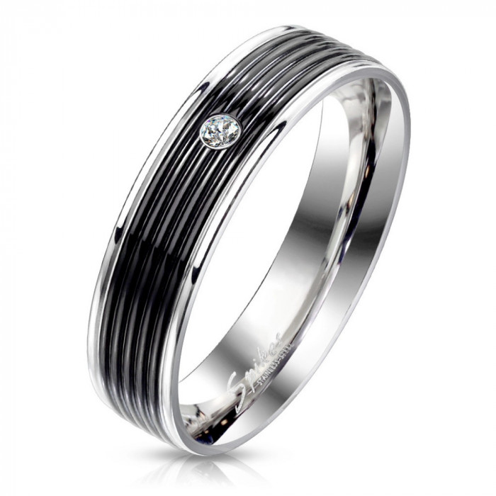 Inel din oțel cu dunga neagră - zirconiu clar rotund, linii de margine lucioase, 6 mm - Marime inel: 62