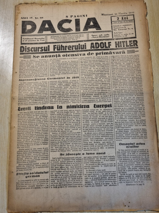 Dacia 18 martie 1942-discursul lui hitler despre evrei,masuri contra evreilor
