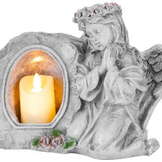 MagicHome decorare, Înger care se roagă cu lumânare, LED, din polirosin, pentru mormânt, 28x13x21,5 cm