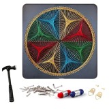 Cumpara ieftin Tablou string art multicolor 30 x 30 cm, decoratiune handmade cu fire colorate si model geometric circular, kit creativ pentru perete