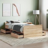 Cadru Pat Gossi Stejar Sonoma 100x200 cm cu Sertare si Tablie Lemn Masiv