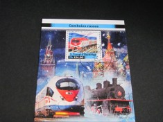 Bloc de Timbre S&atilde;o Tom&eacute; și Pr&iacute;ncipe 2021 &ndash; Velaro RUS EVS și Locomotivă cu Abur , Obliterat, colecție tematică feroviară
