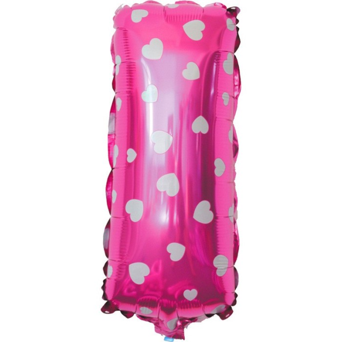 Balon folie metalizata litera i, flippy, 40 cm, cu imprimeu inimioare, umflati cu heliu sau aer, ambalaj individual, pai inclus, roz