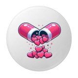 Cumpara ieftin Insigna rotunda metalica capsula cu inimi roz, model romantic cu pastila deschisa, 58 mm