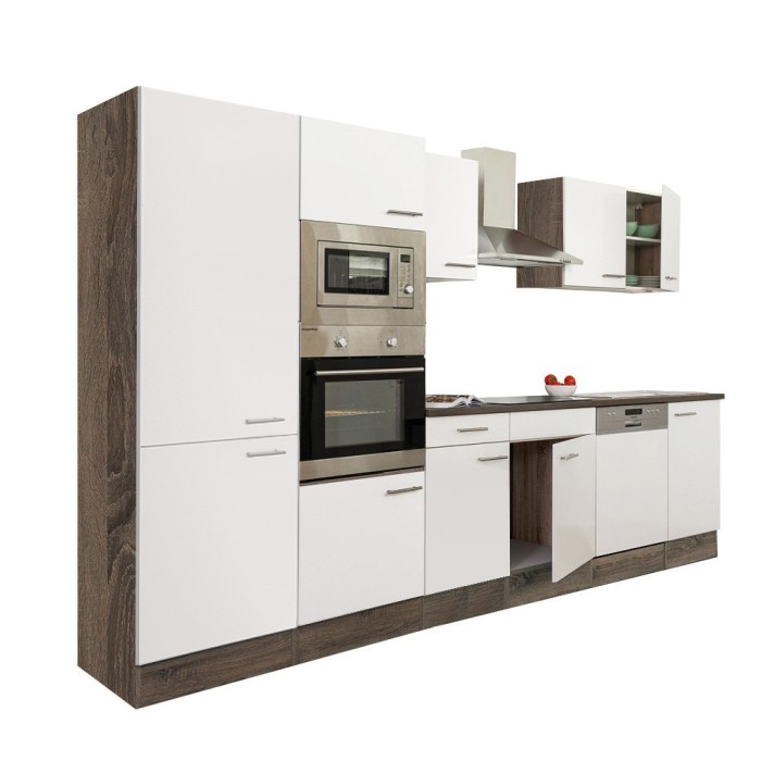 Mobilier de bucătărie Yorki 340, corp din stejar Yorki, față alb satinat, dulap cu raft