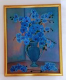 ORHIDEE ALBASTRE, tablou original pictat manual, 54x44 cm cu rama lemn