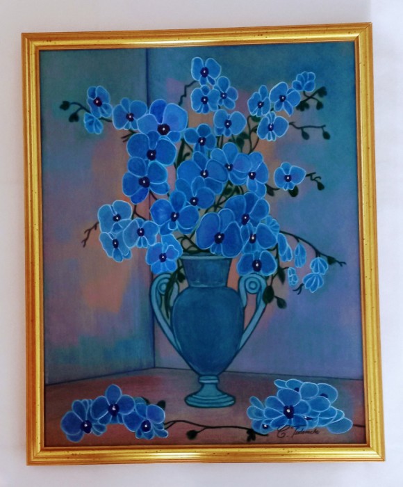 ORHIDEE ALBASTRE, tablou original pictat manual, 54x44 cm cu rama lemn