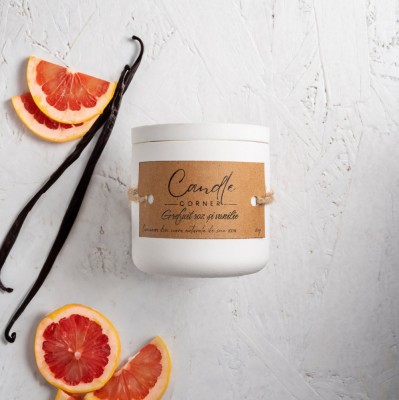Lumanare parfumata handmade din ceara naturala de soia 100%, aroma Grefuit roz si Vanilie, Recipient ceramic, 150 g foto