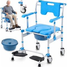 Scaun cu WC tip toaleta de camera cu rotile, Linomag&reg;, Olita detasabila, Scaun de dus, Cotiere rabatabile, pentru bătr&acirc;ni sau persoane cu mobilitate r