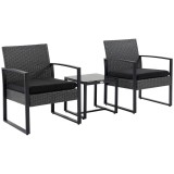 Outsunny Salon de jardin 2 locuri 3 piese 2 scaune cu perne + masă de cafea blat sticlă securizată rășină tress&eacute;e 4 fire imitație de răchită gri | Aos