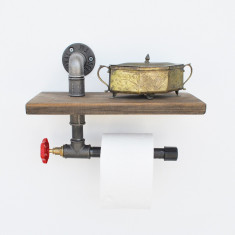 Suport pentru hartie igienica si accesorii, Evila Originals, Boruraf175, 31 x 22 x 14 cm, lemn de molid/metal, nuc/negru