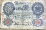BNKSTR03DE Bancnotă Veche Germania 20 Mark 1907 (Reichsbanknote), Perioada Imperială, Vulturul German, Colecție / Numismatică
