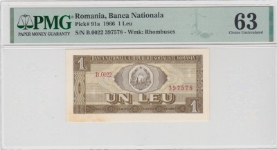 ROMANIA RSR 1 leu 1966 PMG 63 Choice Unc foto