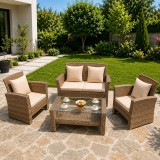Cumpara ieftin Set mobilier gradina Santorini, 4 piese, fotolii, canapea, masuta de cafea, poliratan bej