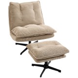HOMCOM Fotoliu lounge cu taburet, rotativ 360&deg;, tapițerie cord, suport pentru picioare reglabil pe &icirc;nălțime, bej | Aosom Romania