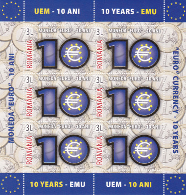 Romania 2009 , Lp 1825a , 10 Ani Moneda Euro , MINISHEET FOLIO AUR,MNH ** . foto