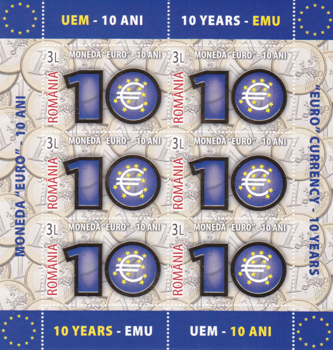 Romania 2009 , Lp 1825a , 10 Ani Moneda Euro , MINISHEET FOLIO AUR,MNH ** .