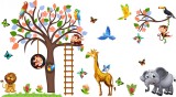 Sticker decorativ - Maimute in copaci, elefant si girafa - 230x140 cm