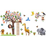 Sticker decorativ - Maimute in copaci, elefant si girafa - 230x140 cm