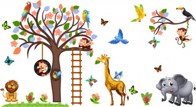 Sticker decorativ - Maimute in copaci, elefant si girafa - 230x140 cm foto