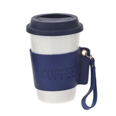 Cana de voiaj Pufo Love Coffee din ceramica cu protectie termica pentru cafea sau ceai, 415 ml, alb/albastru foto