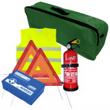 Set pachet prim ajutor auto trusa sanitara PET stingator 1kg Cridem triunghi presemnalizare 2buc vesta reflectorizanta geanta organizatoare Verde Gara