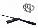 Cumpara ieftin Set baston telescopic flexibil negru maner tip tonfa 47 cm + box argintiu 0,5 cm grosime