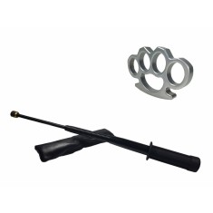 Set baston telescopic flexibil negru maner tip tonfa 47 cm + box argintiu 0,5 cm grosime